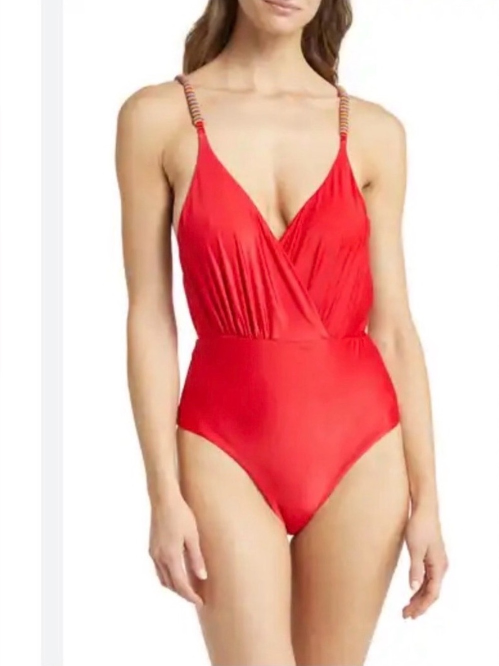 FARM‎ Rio Red Beaded Strap Surplice V Neck One Piece Swimsuit Sz L